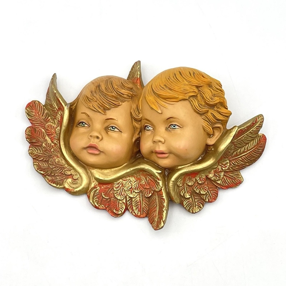 Vintage 1980s Fontanini Double Cherub Angel Wall Plaque Gold Red 6.5"